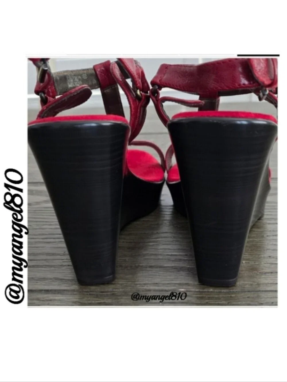 AEROSOLES Red Leather T-Strap Wedge Sandals with Black Wedge Sole, Size 9.5